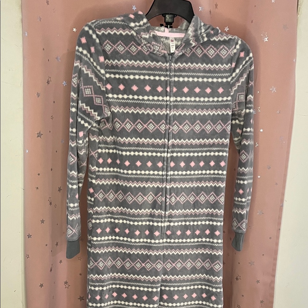 Gray and Pink Patterned Fleece Onesie